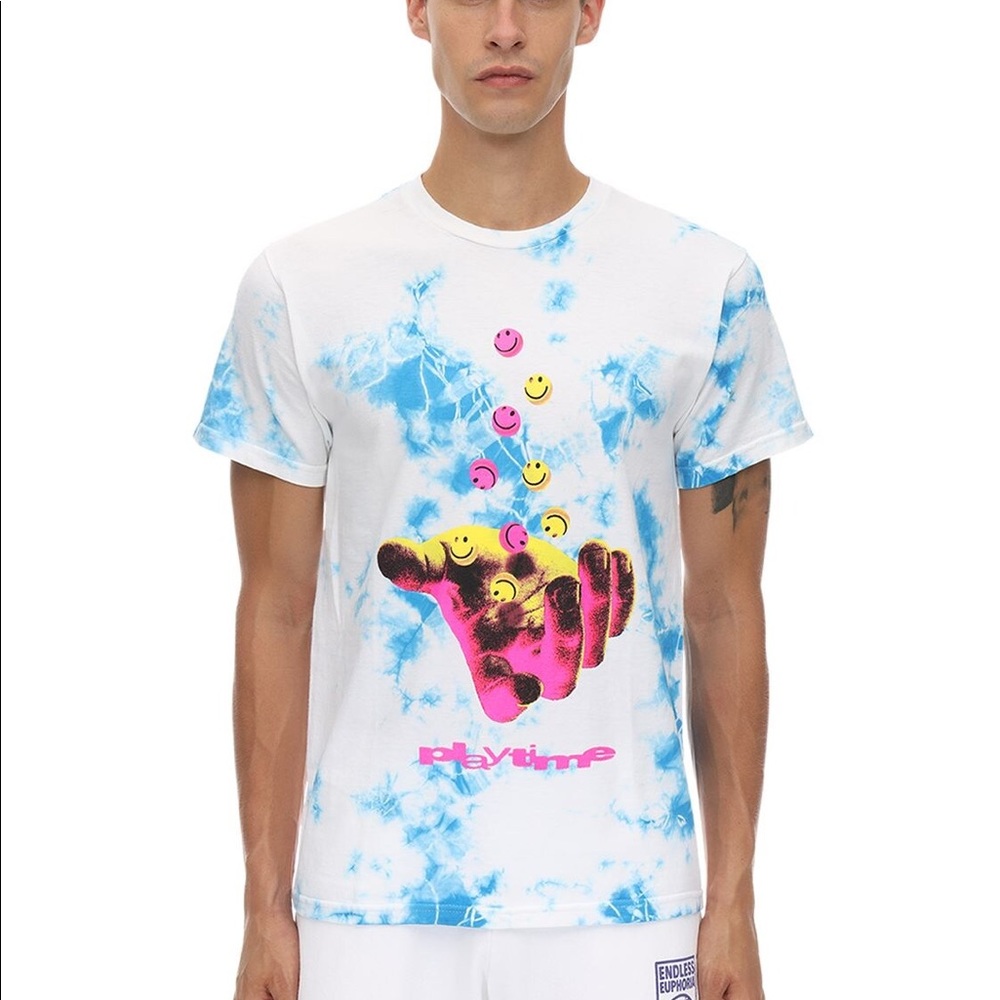 Club Fantasy PLAYTIME trippy smiley tie dye psychedelic rave cotton tee shirt